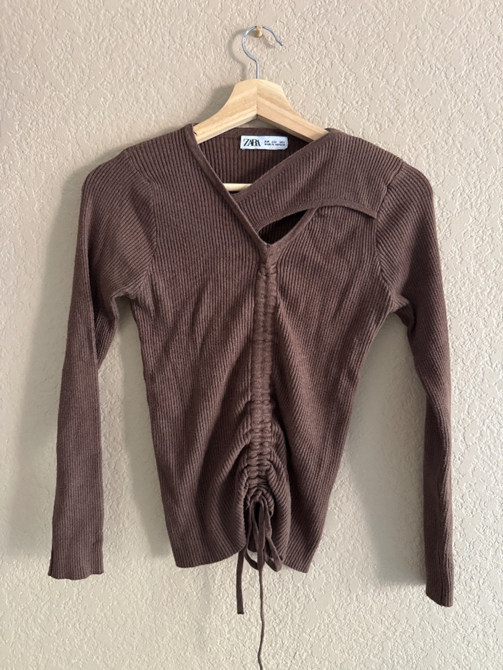 Zara Sweater Brown asymmetrical drawstring cinch front criss cross